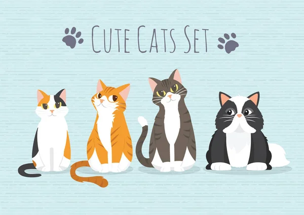 Set Simpatici Gatti Dei Cartoni Animati Sfondo Blu Illustrazione — Vettoriale Stock