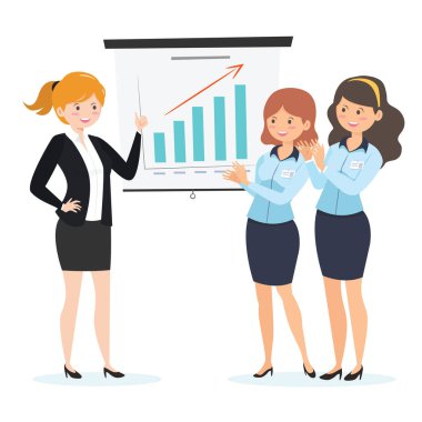 Business Woman proje sunumu yapıyor. Konferansta ofis personeli takım çalışması.