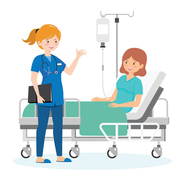 A nurse taking care of a sick woman lying in a medical bed. illustration in a flat style