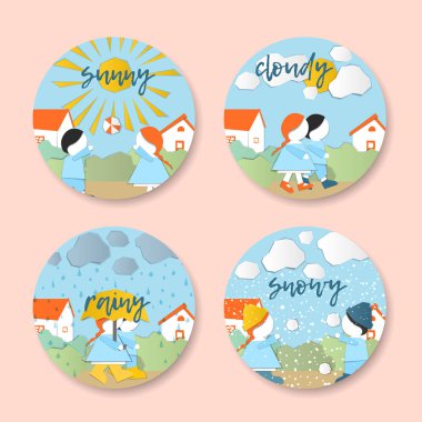 Vektör karakter. Hava papercut tarzı. Kız ve oğlan açık havada güneşli/bulutlu/yağmurlu bir günde. Çocuk aplike stili