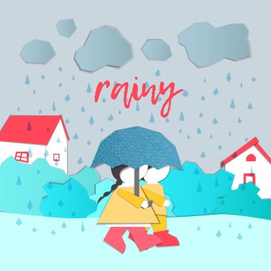 Vektör karakter. Hava papercut tarzı. Kız ve oğlan açık havada bir yağmurlu günde. Çocuk aplike stili