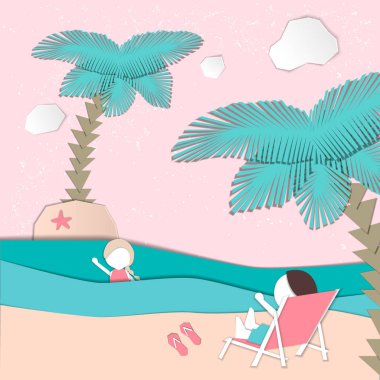 Yaz aylarında illüstrasyon. Kız çocuk şezlong üzerinde dinlenme denizde yüzme. Kağıt kesme tasarım