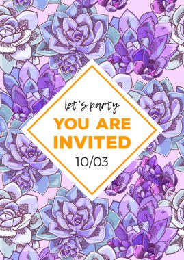 Resimde güzel succulents dekorasyonu ile. Vektör çiçek tasarım. Botanik arka plan şablonu.