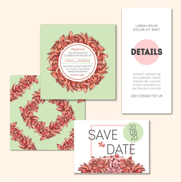 Floral Wedding Invitation Set Collection Different Invite Cards Decorated Succulents — Stock Vector