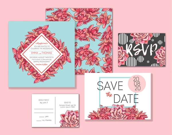 Bloemen Bruiloft Uitnodiging Instellen Collectie Van Verschillende Uitnodiging Kaarten Versierd — Stockvector