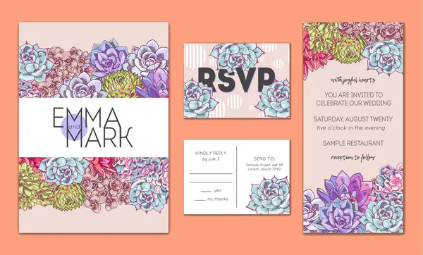 花の結婚式の招待状セット 異なる招待カードのコレクションは 多肉植物で飾られました 日付を保存 Rsvp のベクトル カード 植物イラスト — ストックベクタ