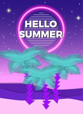 Vektör poster plaj ve neon çember üzerindeki palmiye ağaçları ile. Yaz gece illüstrasyon.