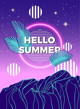 Vektör poster geometrik dağ, palmiye yaprakları ve neon daire. Modern arka plan. 