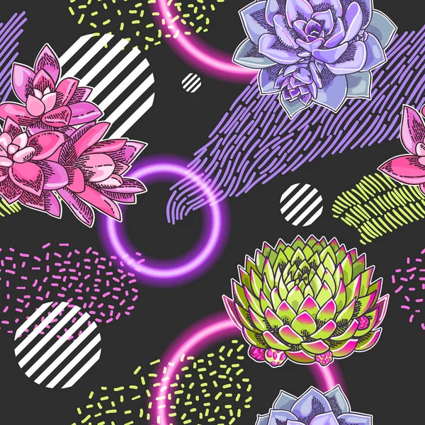 Modern Absztrakt Varrat Nélküli Mintát Geometriai Háttér Díszített Virágok Neon — Stock Vector