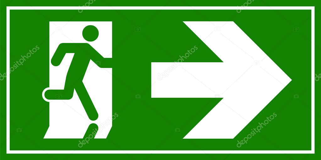 Emergency exit sign. Man running out fire exit.