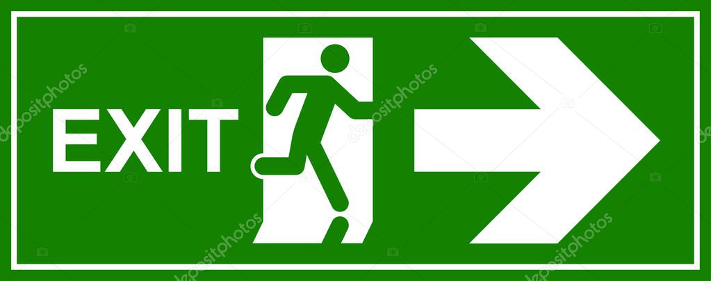 Emergency exit sign. Man running out fire exit.