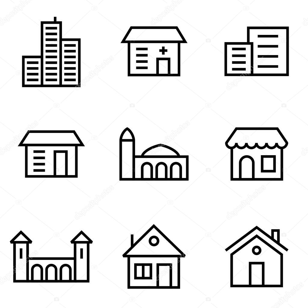 Building icon set lined simple flat style illustration.
