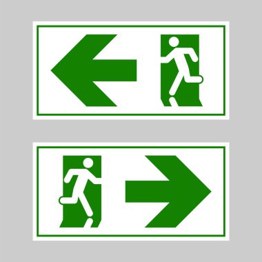 Acil çıkış işareti. Yangın çıkışına koşan adam.