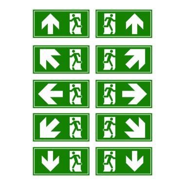 Acil çıkış işareti. Yangın çıkışına koşan adam.