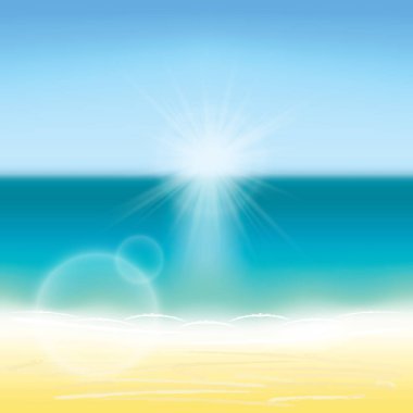 Yaz arka plan vektör çizim. Bulanık yaz plaj, Güneş, gökyüzü, deniz, okyanus ve kum manzara arka plan ve duvar kağıdı.