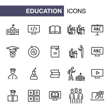 Basit düz stil anahat illüstrasyon eğitim Icons set.