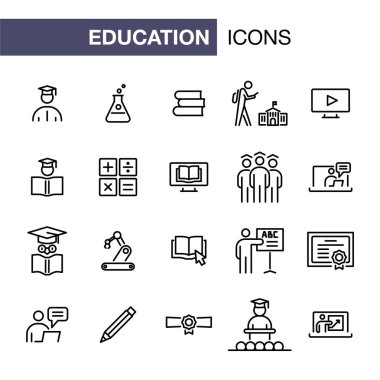 Basit düz stil anahat illüstrasyon eğitim Icons set.