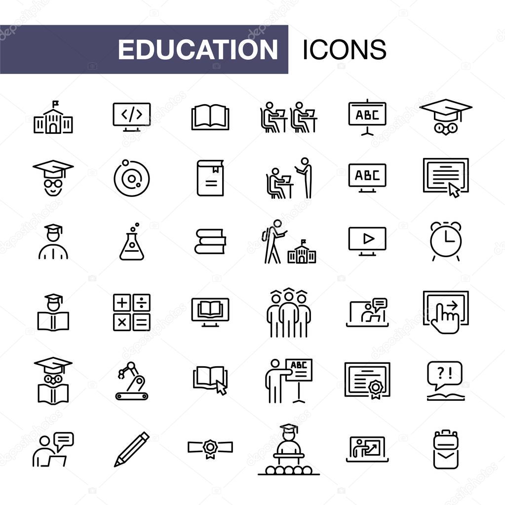 Education icons set simple flat style outline illustration.