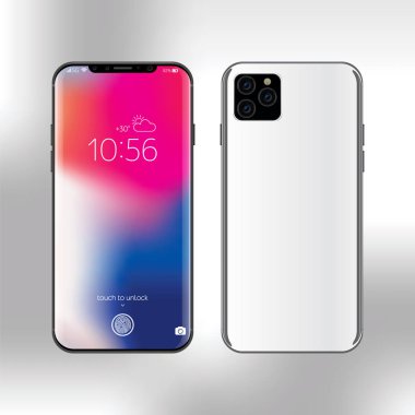 Bakü, Azerbaycan - 16 Ağustos 2019: Apple iphone 11 2019. Akıllı telefon gerçekçi vektör illüstrasyon. Yeni çerçevesiz beyaz akıllı telefon tasarım konsepti