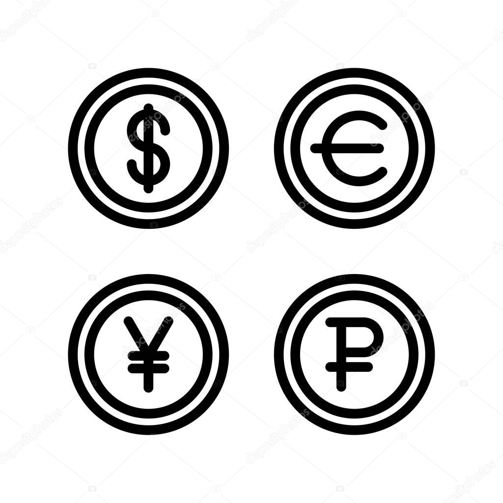 Dollar euro yen yuan ruble symbol currency money simple flat style icon