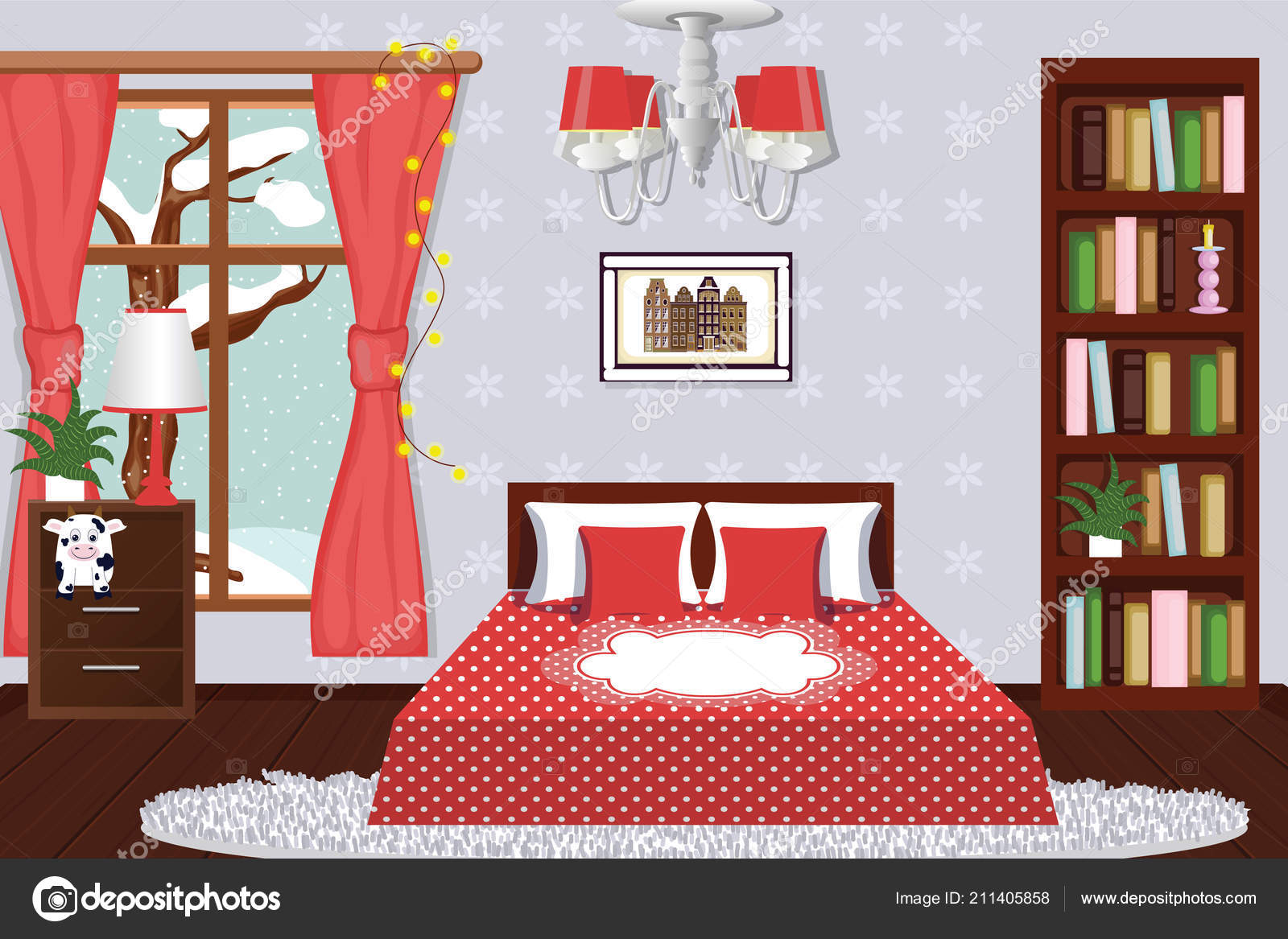 Interior Bedroom Winter Cartoon Vector Furniture Room Stock Vector Image by  ©molnia26 #211405858