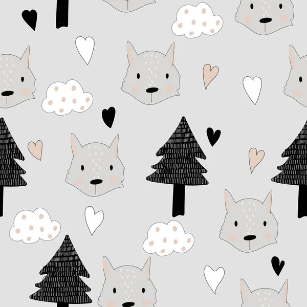 Seamless Pattern Cute Wolf Forest Printing Fabric Paper Children Book — Stock Vector