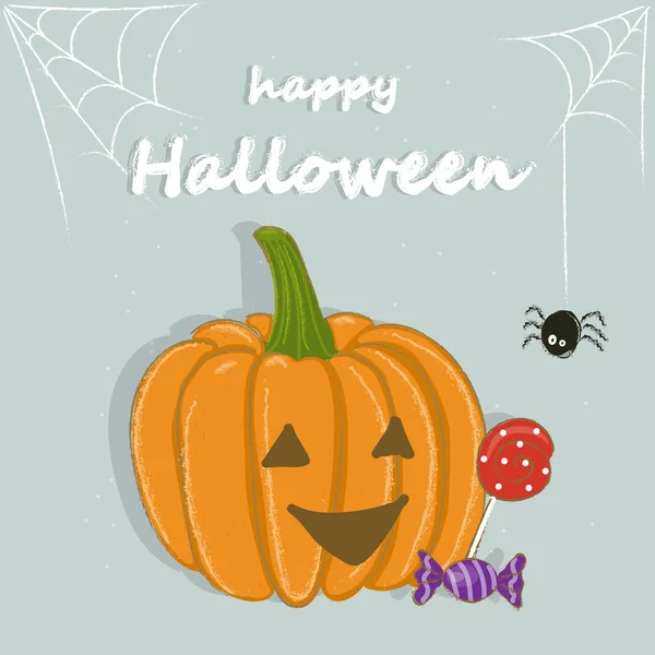 Feliz Halloween Calabaza Caramelos Una Araña Tarjeta Felicitación Invitación Dibujos — Vector de stock