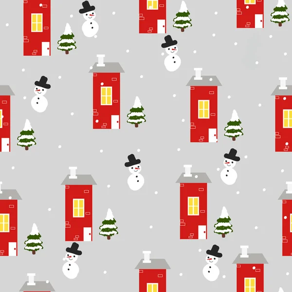 Winter city, seamless pattern. Houses, snow, snowmen and Christmas trees. For printing on fabric, paper.