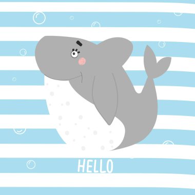 Şirin komik köpekbalığı, bebek giysileri, kupalar ve diğer moda tasarımları baskı almak için mükemmel. Çizgi film. Çizilmiş.