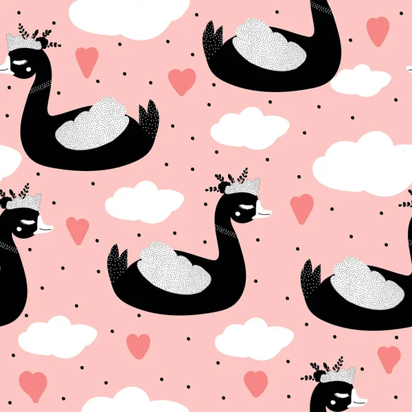 ピンク色の背景に黒い白鳥とのシームレスなパターン。印刷します。ベクトル. — ストックベクタ