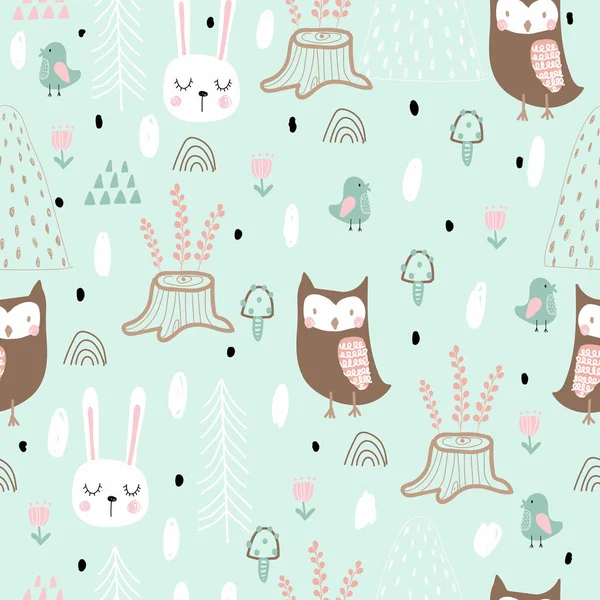 ノウサギと春の森でフクロウのシームレスなパターン 織物印刷の北欧スタイル 手描き — ストックベクタ