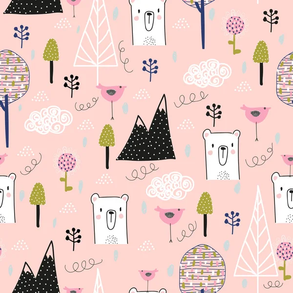 Seamless pattern with cute bears in the forest, Scandinavian style. For printing on fabric, paper. Fashionable children's textiles.
