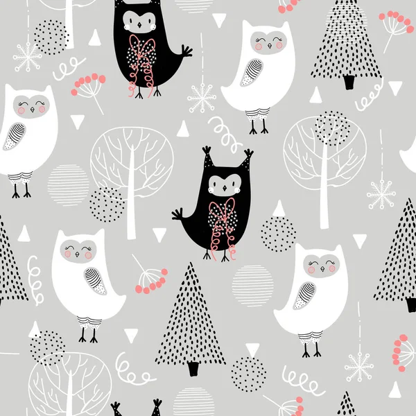 Seamless pattern with cute funny owls in the forest. Scandinavian style, for printing. Hand-drawn. — Stock Vector