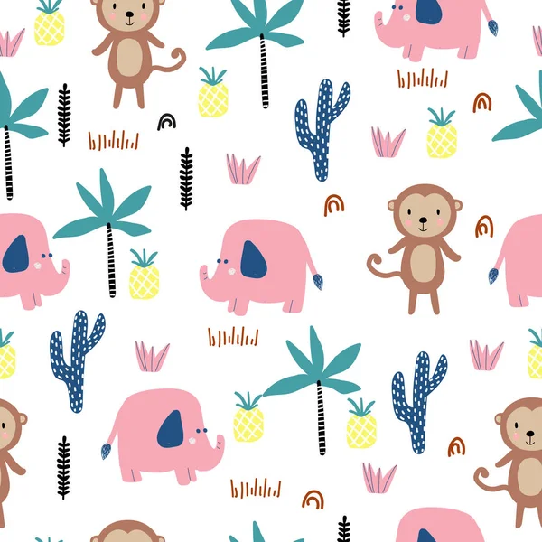 Seamless pattern with African animals, monkey, elephant, palm trees. Children's pattern with hand-drawn texture. For print. — Stock Vector