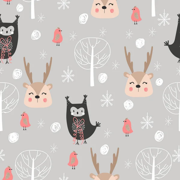 无缝模式与森林动物 猫头鹰 用于纺织品和纸张上的印刷 手绘的 斯堪的纳维亚风格 — 图库矢量图片