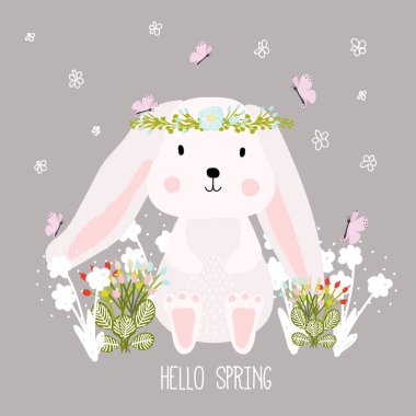 Sevimli tavşan çizilmiş, dekoratif çiçek öğeleri. Baskı için. Bahar ve Paskalya tasarımlar oluşturmak için. Merhaba bahar.