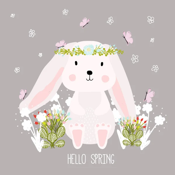 Niedlichen Kaninchen Handgezeichnete Dekorative Florale Elemente Für Print Frühlings Und Stockvektor
