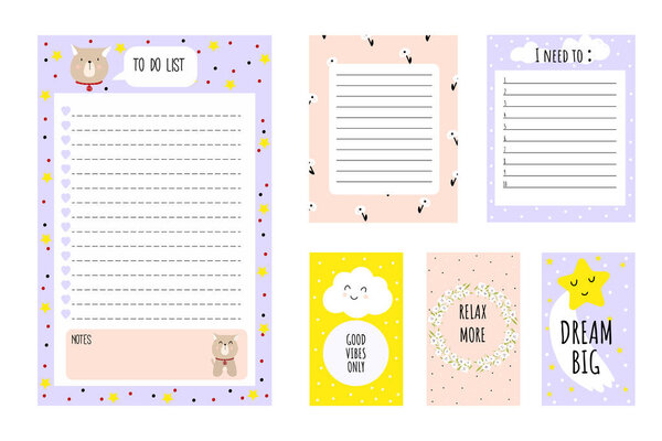 Set of planners and to-do lists with simple Scandinavian illustrations. Notebook, note paper, inspirational writing.