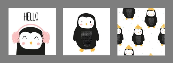 かわいいペンギン かわいいペンギン つのポストカードとシームレスなパターンを設定します はがきの印刷 手描き — ストックベクタ