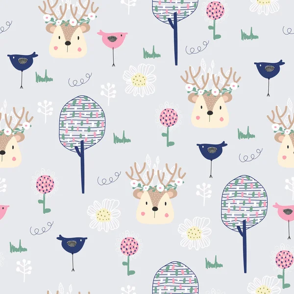 Seamless Pattern Spring Forest Deer Birds Plants Scandinavian Style Perfect — Stock Vector