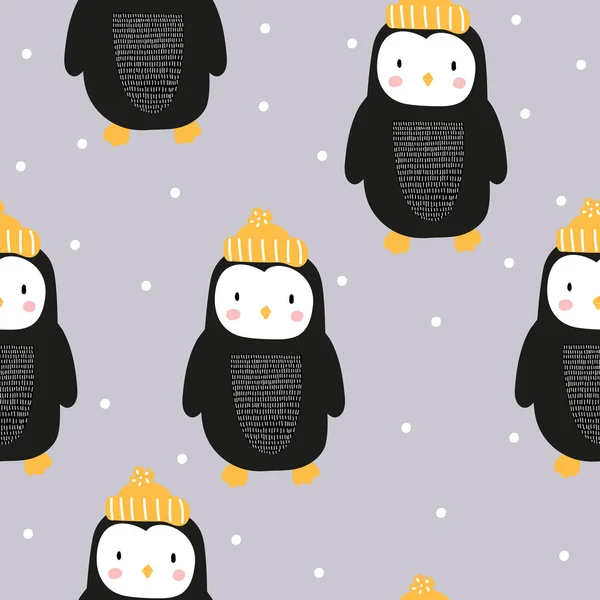 北欧風のかわいいペンギンとのシームレスなパターン 手描き 包装紙に印刷 子供のイラスト — ストックベクタ