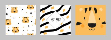 Vektör çizimler sevimli kaplan ile kümesi. Kağıt, kumaş üzerine baskı için. Çizilmiş. Kartpostal, davet, seamless modeli.