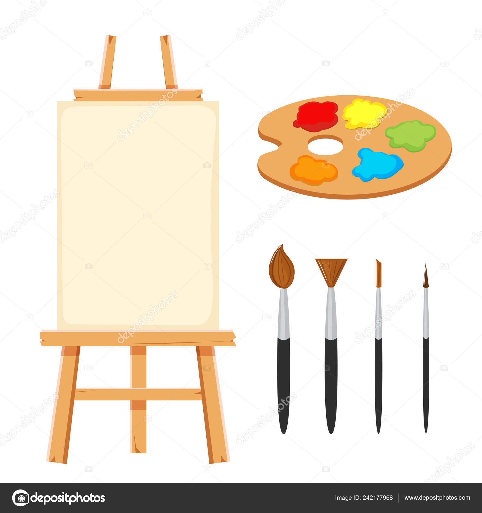 Drawing Tool Set Artist Easel Paints Brushes Cartoon Isolated