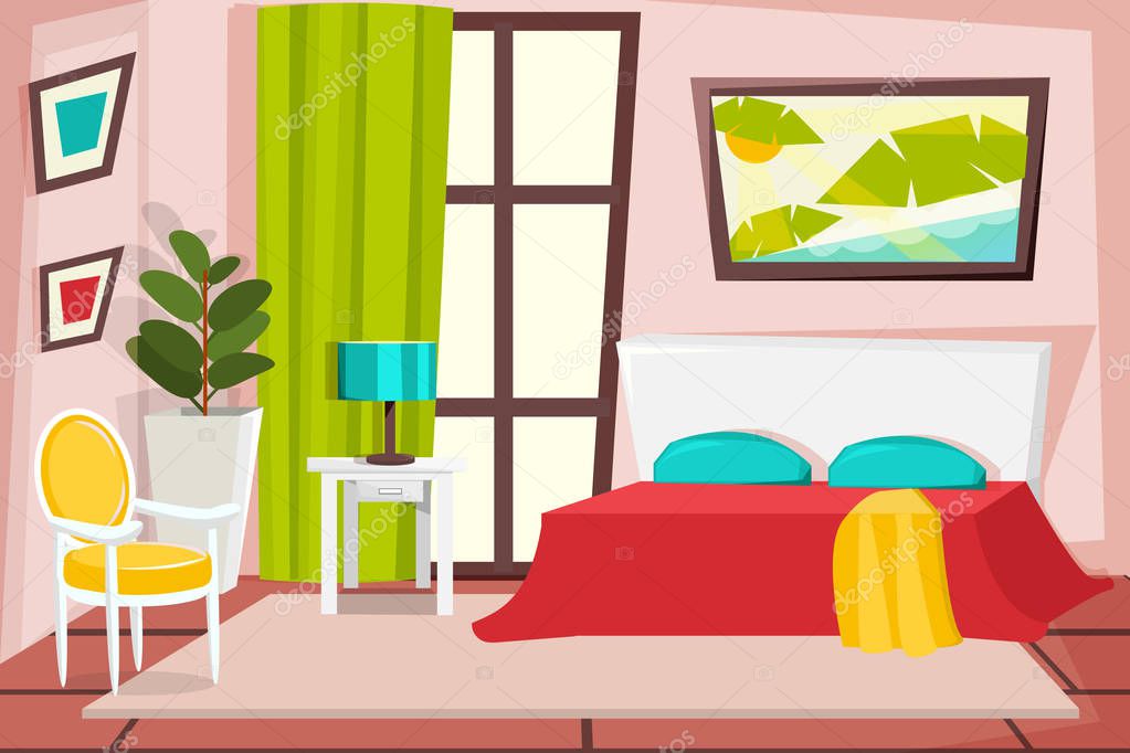 Cozy interior of the bedroom in cartoon style. Bed, window, carpet, lamp, table and chair. Vector.