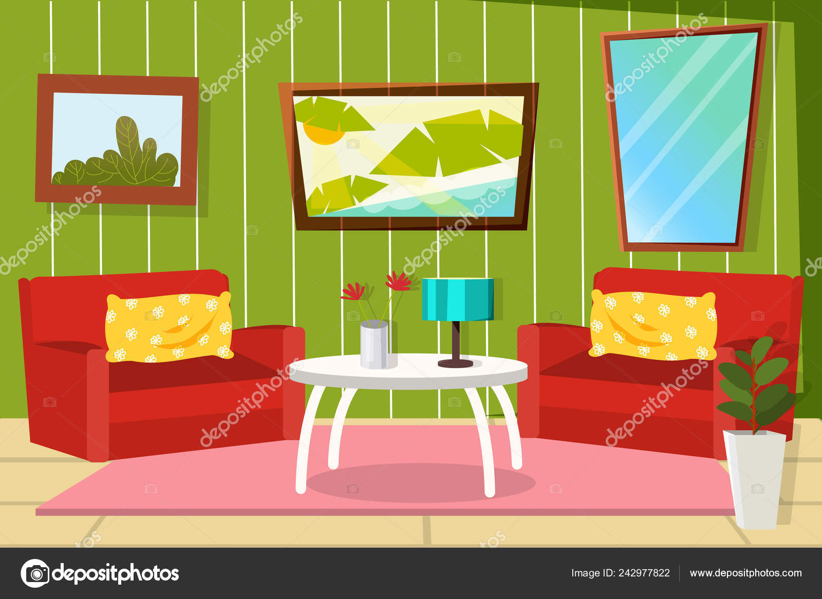 Interior Living Room Cartoon Style Furniture Two Chairs Table Vase Stock Vector Image By C Molnia26 242977822
