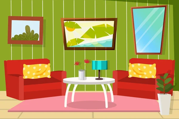 Interior Living Room Cartoon Style Furniture Two Chairs Table Vase — Stock Vector