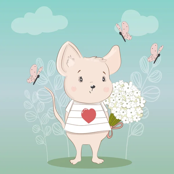 Jolie Petite Souris Avec Bouquet Fleurs Dessiné Main Vecteur Illustration De Stock