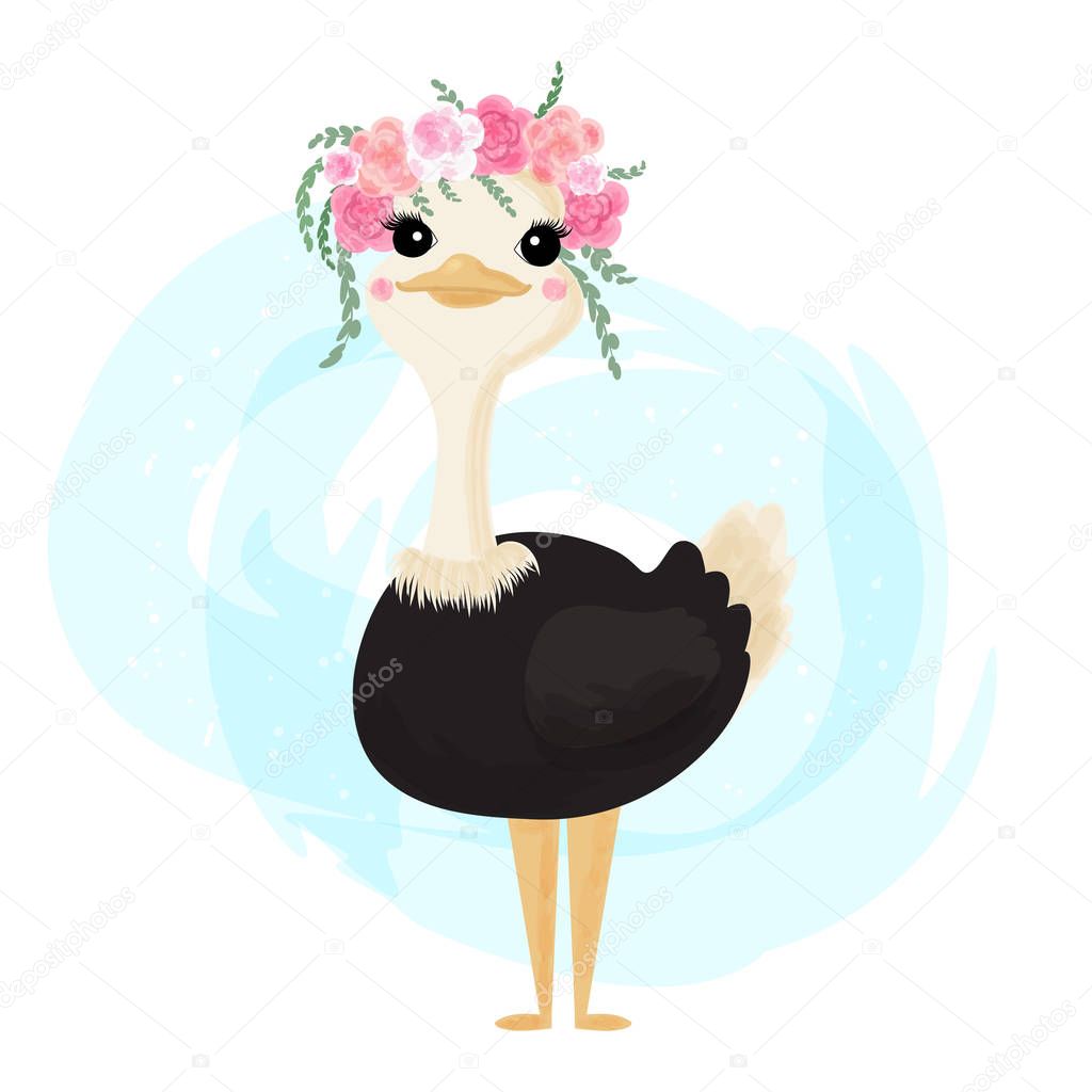 Cute ostrich. Ostrich in a flower wreath. Cartoon. For printing on clothes, postcards, covers.