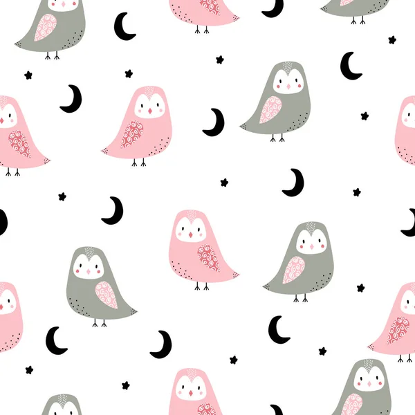 Seamless pattern with cute owl, hand drawn. The fashionable design is suitable for printing on children's textiles as well as on paper. — Stock Vector