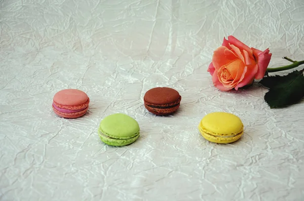 Macarons Biscuits Couleurs Vives Sur Fond Clair Fleurs Roses — Photo